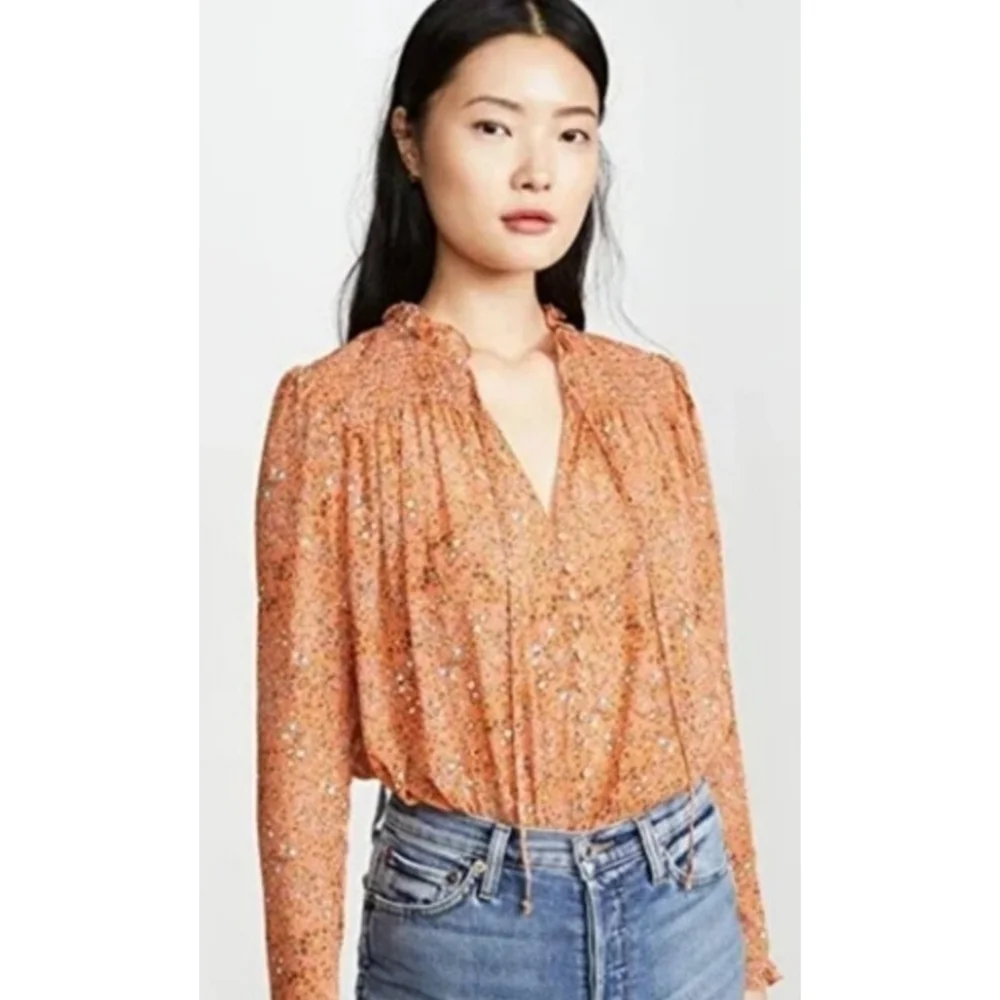 Free People Lela Floral Smocked Chiffon Peasant Blouse size small